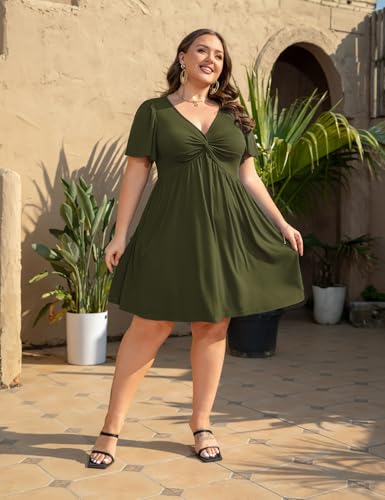 Image of Manllenshie Womens Plus Size Summer Dress Casual Short Sleeves Deep V Neck Twist Knot Front Flowy Dress with Pockets