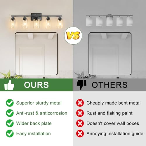 Image of Ascher 5-Light Bathroom Light Fixtures, 33 Inch Vanity Lights with Clear Glass Shade, Modern Black Finish Wall Light for Mirror Bedroom Hallway Cabinet Porch