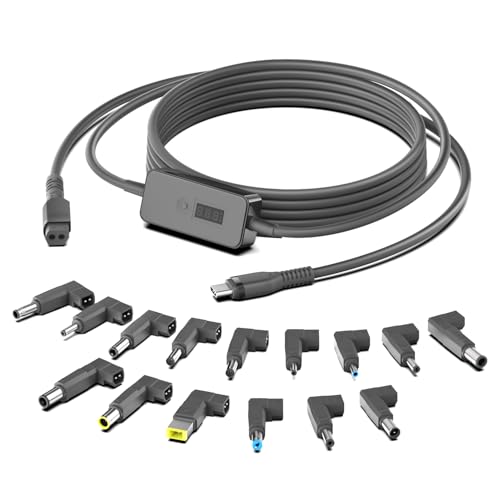 HKY 7Ft USB C to DC Adapter with Adjustable Output 5V-9V-12V-15V-20V-28V PD Fast Charging Cable Universal Charger 15PCS Connecor Tips DC Cable Kit Fit for Laptop Chromebook Phone Speaker USB Hub