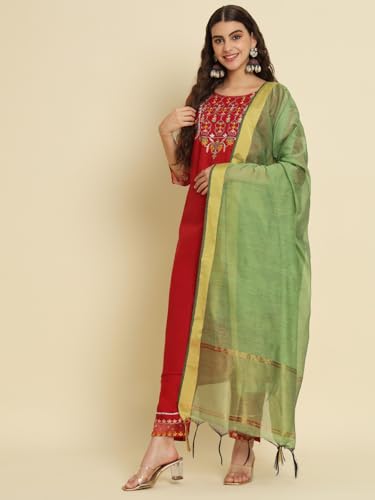 Image of VredeVogel Women's Cotton Blend Kurta Pant Set with Chanderi Silk Dupatta