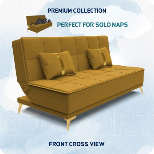Image of Adorn India Premium New Alyssum 3 Seater Sofa Cum Bed 4X6 Velvet Suede with 2 Cushions (Color Yellow) and Suitable for All Indoor, with 3 Years Warranty
