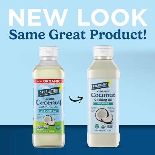 Image of Carrington Farms Organic Liquid Coconut Cooking Oil, 16 Fl Oz -Unflavored, Unscented, High Smoke Point, MCT-Rich, No Trans Fat - For Cooking, Sauteing, Frying & Baking - Gluten Free, Non-GMO, Hexane Free, BPA Free Bottle