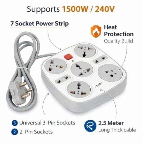 Image of 7 Socket Extension Board with Switch | 5 Universal 3‑Pin + 2 Two‑Pin Sockets | 2.5 Meter Heavy Duty Power Strip | Multi Plug Spike Guard Extension Board for Home, Office & Appliances