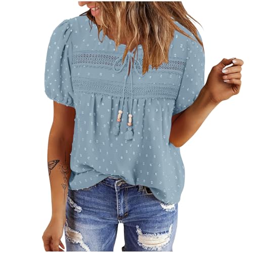 Camisetas casuales de manga corta con cuello redondo para mujer, con lazo frontal, de encaje, cómodas, bohemias, básicas, para salir y vacaciones, 01 Azul Claro, 3XL