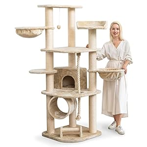 HAPPYPET Kratzbaum für Katzen groß 181 cm hoch - Stabiler Kletterbaum Katzenbaum, Dicke Stämme mit 11 cm, Haus & Spieltunnel, große Liegemulden, Spietau mit Kratzrolle, Creme