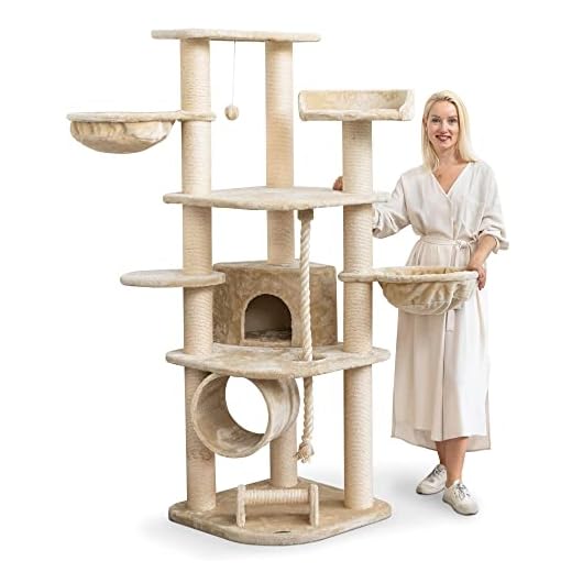 HAPPYPET Kratzbaum für Katzen groß 181 cm hoch - Stabiler Kletterbaum Katzenbaum, Dicke Stämme mit 11 cm, Haus & Spieltunnel, große Liegemulden, Spietau mit Kratzrolle, Creme