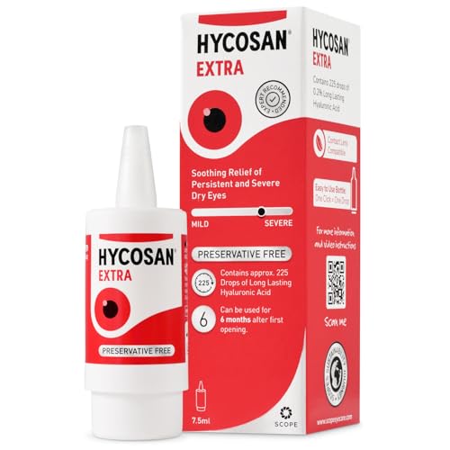 Hycosan Extra Eye Drops with Hyaluronic Acid for Soothing Relief of Severe and Persistent Dry Eyes - Contact Lens Compatible - Preservative Free - 225 Measured Doses