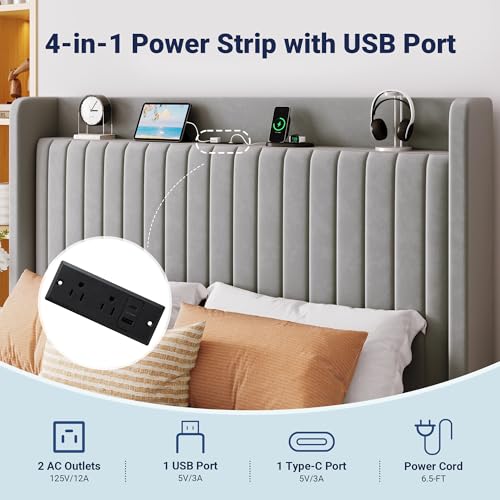 Image of Allewie Full Size Lift Up Storage Bed Frame,Storage Shelf Headboard with Charging Station,Type-C and USB Ports,Hydraulic Support,Velvet Upholstered Bed Frame,No Box Spring Needed,Grey