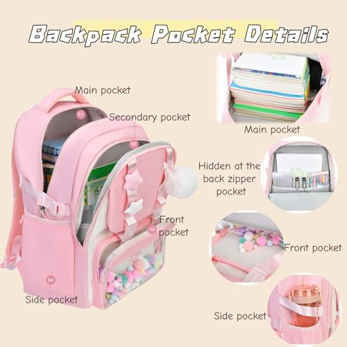 LANSHIYA Cute Teen Girls Backpack for Elementary Middle School Multiple Pockets Backpack for Kids Bookbag with Star Pins, Pink — view 3