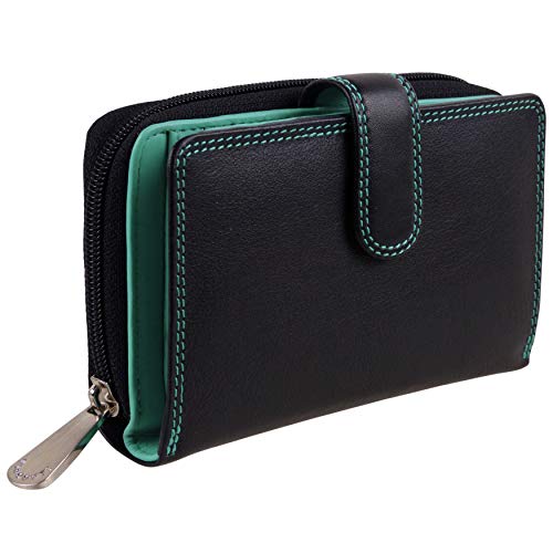 Portefeuille femme en cuir noir et aqua Visconti New Colorado avec coffret