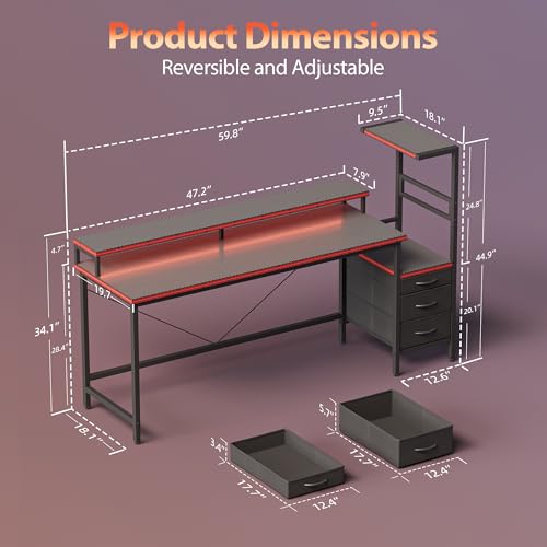 Image of Mericonia 60 inch Gaming Desk with Drawers, Reversible Computer Desk, Black