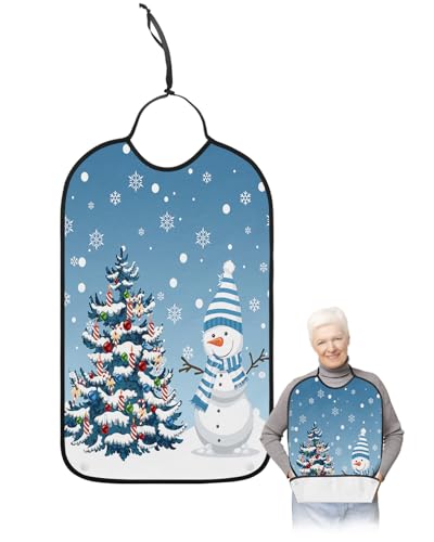 Adult Bibs for Elderly Women - Blue Snowman Christmas Waterproof Dining Clothing Protectors with Crumb Catcher for Eating/Feeding, Christmas Tree Xmas Winter Snowflake Terry Cloth Bib Machine Washable