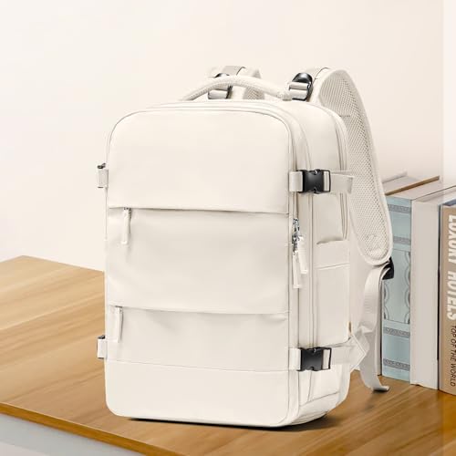 Image of coowoz Large Travel Backpack For Women Men,Carry On Backpack Flight Approved,Hiking Backpack Waterproof Outdoor Sports Rucksack Casual Daypack Fit 15.6 Inch Laptop Shoes Compartment(Off White)