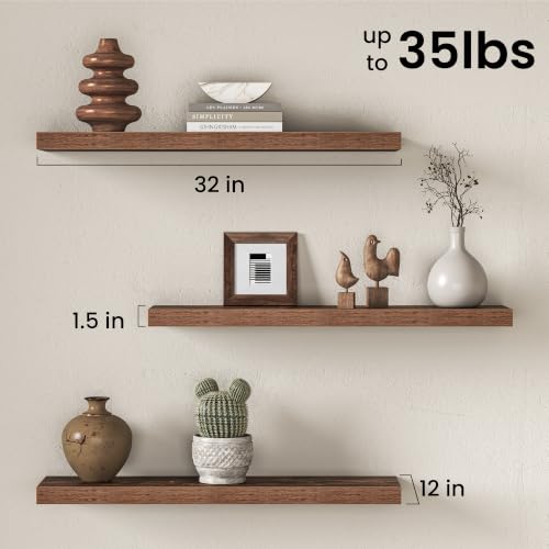 Image of Fun Memories 32 Inch Floating Shelves for Wall, 12 inch Deep Large Wall Mounted Wood Shelves with Invisible Bracket, Rustic Brown Floating Shelf for Bathroom Over Toilet Kitchen Living Room, Set of 3