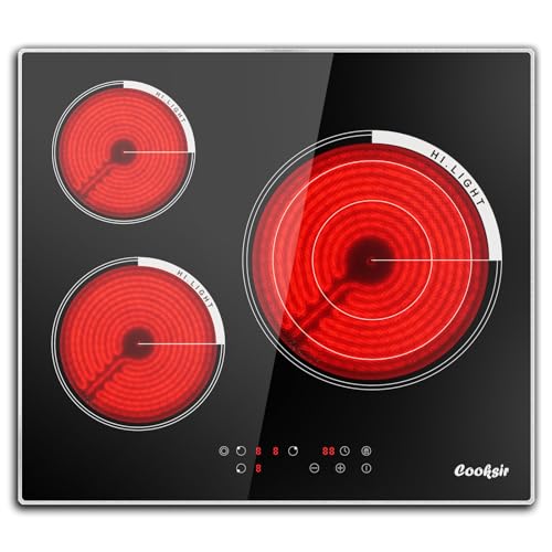 Cooksir 24 Inch Electric Cooktop, 3 Burner Built-in Ceramic Stove Top 220V-240V, 5700W Radiant Electric Cook Top with Touch Control, Timer, Safety Lock, 220V Hard Wired (No Plug)