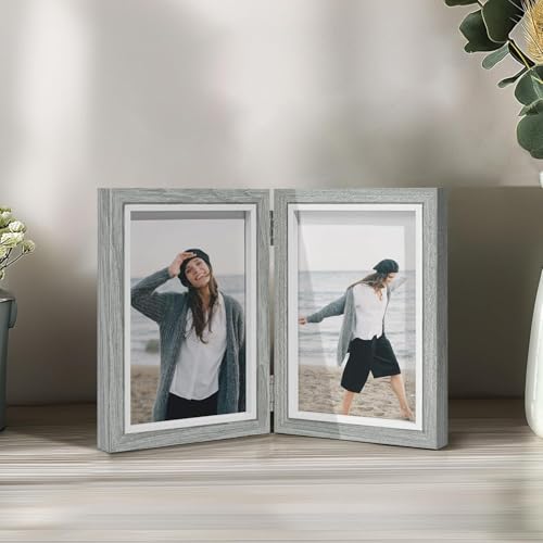Afuly 10x15 Bilderrahmen Grau Weiß Doppelt Holz für 2 Bilder Collage Moderne Shabby Deko Family Haustier Geschenk