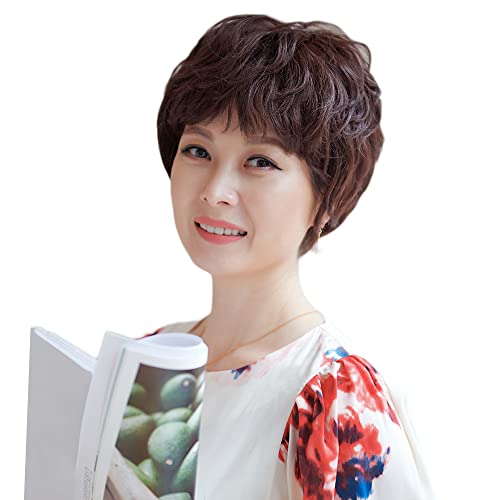 YXO フルウィッグ 中高年 女性用かつら ハハかつら ショート 手植え 人毛100% カール 母のウィッグ 斜め前髪 白髪隠し 自然 医療用 おしゃれ 通気(ヘアネット 付き )