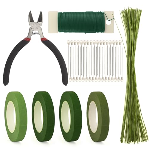 ZIIYAN Floral Arrangement Kit, Green Floral Tape Floral Stem Wire Floral Wire Boutonniere Flower pin and Wire Cutter Tools Kit for Bouquet Stem Wrap Florist, Wreath Making Supplies