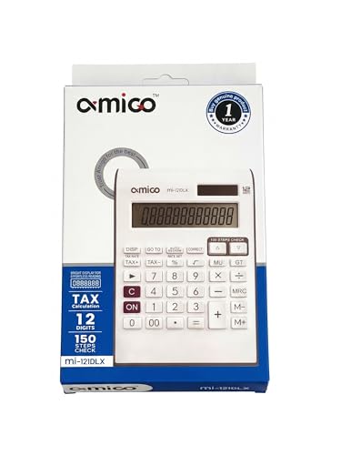 Image of Amigo MI-121DLX Desktop Calculator, 12-Digit Display, 150 Steps Check, White
