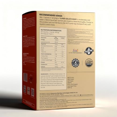 Image of Neulife SUPER ISOLATE Whey Protein | Max Absorption Protein Shake with Real Fruit Chunks | | 5x40g Single Servings Sachets | 5 Serving Travel Pack | Strawberries & Creme with Real Fruit