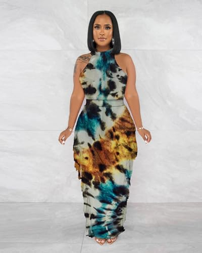 Image of 2 Piece Outfits for Women Sexy Halter Neck Sleeveless Crop Tops Ruched Bodycon Dresses Jumpsuits Fringe Skirt Sets