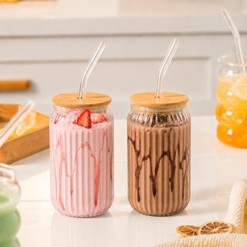 Image of Drinking Ribbed Glasses Tumbler with Bamboo Lid and Straw (Pack of 2), 400ml Travel Cocktail Glass Sipper Bottle for Juice Boba Iced Tea Coffee Hot Cold Drink Cup