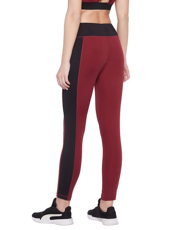 Image of Clovia Women's Snug-Fit High Rise Coourblocked Active Tights in Maroon