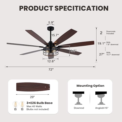 Image of Dawn Whisper 72 Inch Farmhouse Ceiling Fans with Lights Black Industrial Caged Ceiling Fans with 6 Speed Reversible Motor and Dual Finish 8 Blades Rustic Ceiling Fan for Living Room