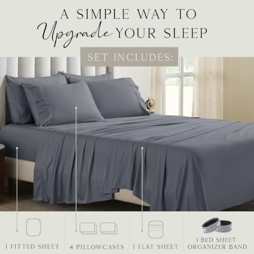 Image of KARISSA MAE 6 Piece Luxury Bamboo Viscose Queen Sheet Set, 4 Pillowcases | FSC Certified | Cooling | Ultra Soft | 18 inch Deep Pockets | Elastic Corner Straps | Includes Organizer Band [Charcoal Grey]