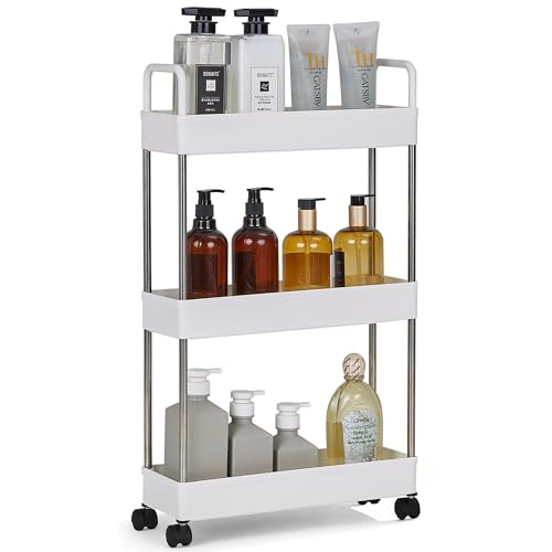 VECELO キッチンワゴン 隙間収納 3段 幅12.5x奥行40x高さ67cm キャスター付き 持ち手付き スリムラック 収納ラック スリムワゴン 小物収納 台所 軽量 移動便利 多用途