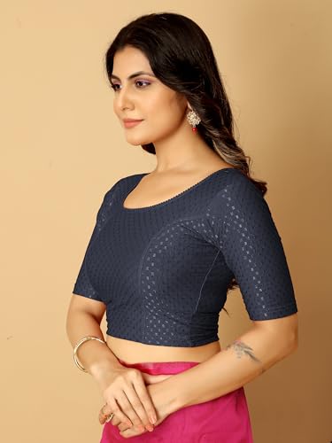 Amazon Brand - Anarva Round Neck Dobby Cotton Lycra Stretchable Elbow Half Sleeve Readymade Saree Blouse for Women Stylish