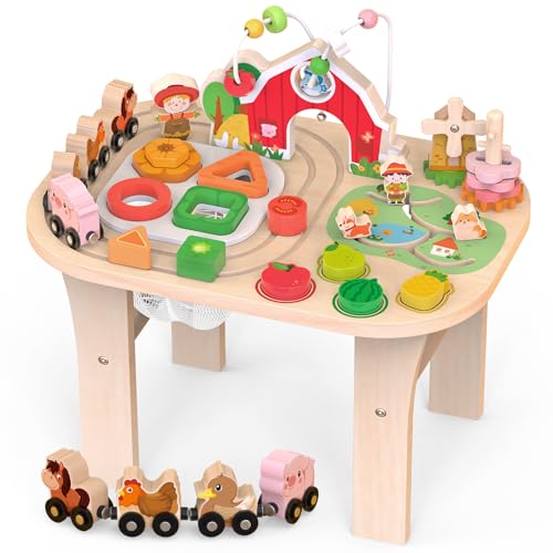 Table de jeu en bois de ferme pour enfants, jouet éducatif Montessori avec circuit de motricité, trieur de formes et chemin de fer animal, jouet sensoriel...