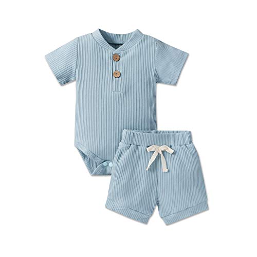 Aweyoo Baby Unisex Clothes Infant Boy Outfits Summer Ribbed Knit Shorts Set Solid Cotton Pajamas 2Pcs