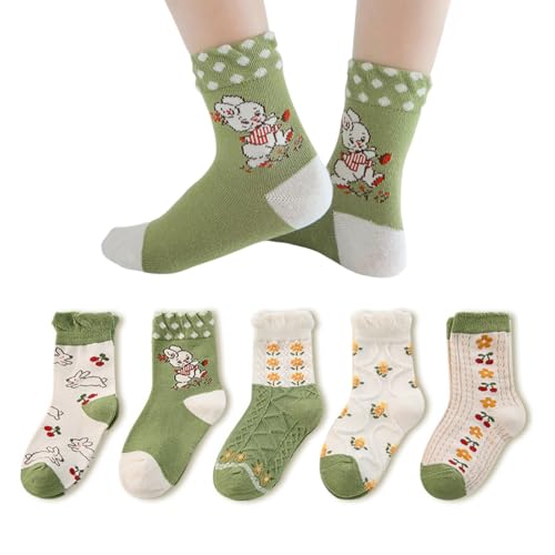 5 Pairs Toddler Girl Kids Socks, Cute Flower Green Soft Cotton Crew Socks, 1~12Years