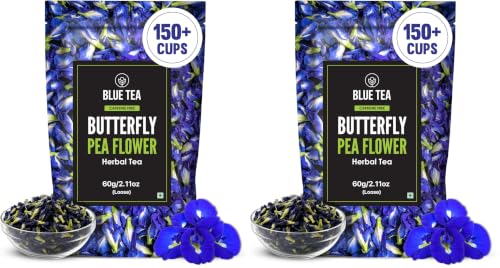 Image of BLUE TEA - Butterfly Pea Flower Tea - 2.11 Oz (150+ Cups) | Antioxidant Rich | Chemical Free - Herbal Tea - Caffeine free - Non Bitter - No Preservatives | Zipper Pack (Pack of 2)