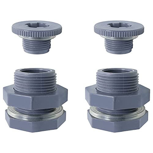 WHYHKJ Lot de 2 raccords de cloison en plastique PVC avec bouchons résistants à la corrosion pour tonneaux de pluie, aquariums, réservoirs d'eau, baignoires, piscines (34 avec joint d'étanchéité en