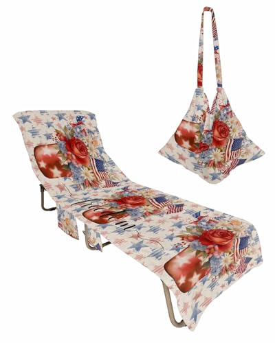 4th of July Blue Red Star Beach Lounge Chair Towel Cover, Soft Chaise Lounge Towel with Side Pockets Patio Pool Chairs Cover for Beach/Pool Sunbathing 29x85 Watercolor Floral American Flag