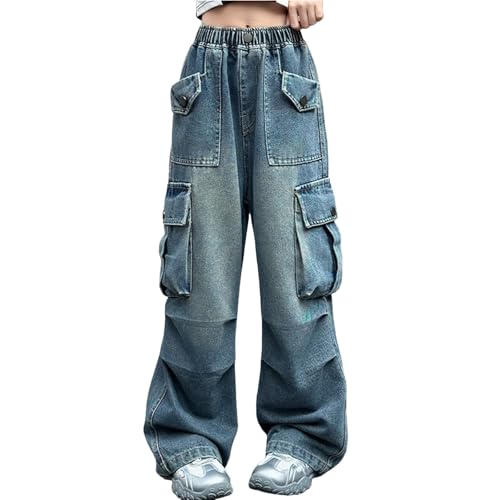 Girls Cargo Jeans Kids Wide Leg Baggy Jeans Streetwear Cargo Pants Elastic Waist Loose Fit Denim Pants with Pockets