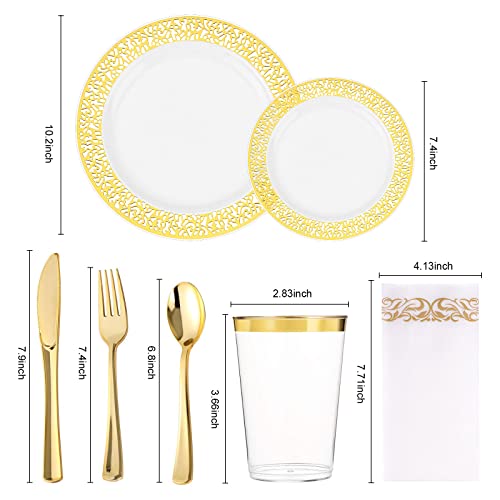 Bayzz 350 Piece Gold Dinnerware Set,50 Guest Gold Lace Design Plastic Plates,50 Gold Plastic Silverware,50 Gold Cups,50 Linen Like Gold Napkins,50 Guest Disposable Gold Dinnerware Set #TOP2