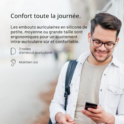 Belkin Écouteurs SoundForm™ Motion True Wireless avec suppression du bruit de fond (étui de recharge sans fil, deux micros, IPX5, résistance à l'eau, Bluetooth, pour iPhone et Samsung, blancs)