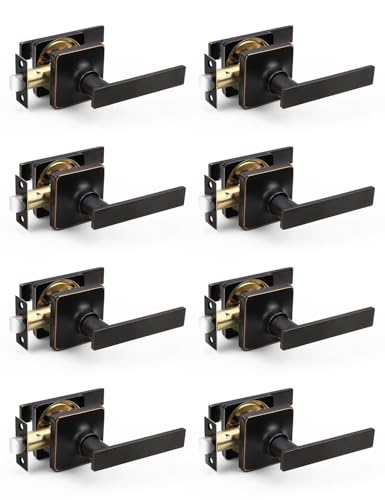 Mengico 8 Pack Passage Door Levers Oil Rubbed Bronze Finish, No-Locking Keyless Square Door Knob, Interior Door Handles for Closet and Hallway, Reversible for Left & Right Handed