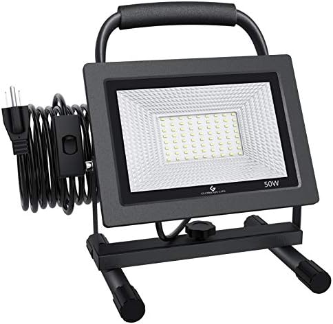 GLORIOUS-LITE 50W LED Work Light, 5000LM LED Flood Lights, 400W Equivalent, IP66 Waterproof, 16ft 5m Cord with Plug, 6500K, Adjustable Working Lights for Workshop Garage, Construction Site