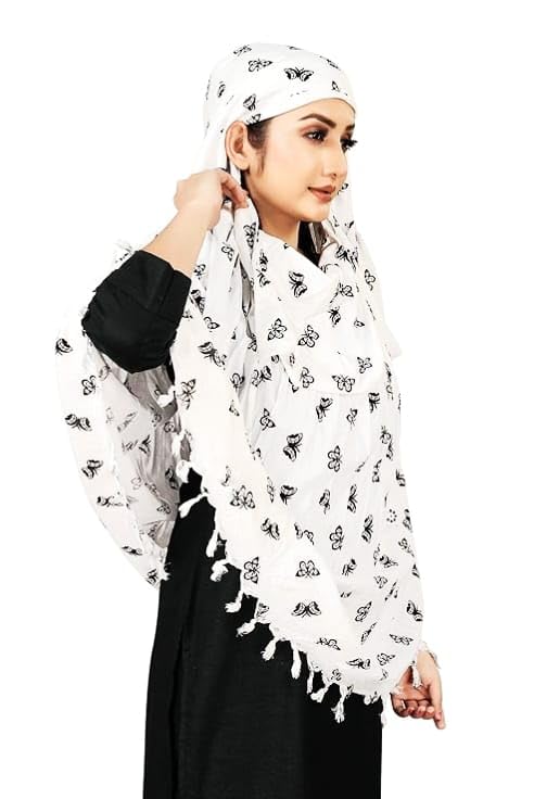 Image of SIXSIGMA Cotton Long Scarf Cum Mask scarves Usable for vehicle Driver | White Printed Design | Universal Size | For Girl & Women | Breathable Sun Protection Light Weight