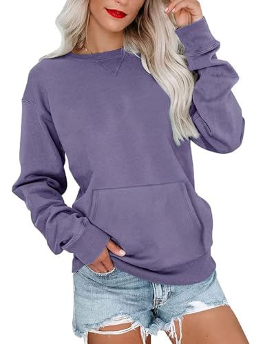 Ovanviso Womens Crewneck Sweatshirts with Pocket Trendy Fashion Pullover Loose Fit Long Sleeve Tops 2026 Purple