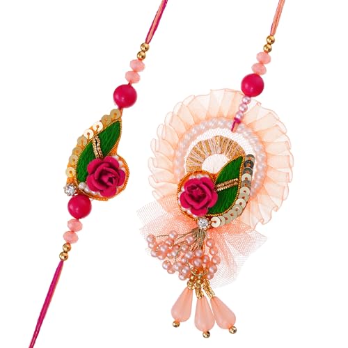 Image of Bhai Bhabhi Rakhi Set - Peacock Designer Rakhi with Stone & Pearl Work Lumba with Tassel for Bhabhi | Raksha Bandhan Gift