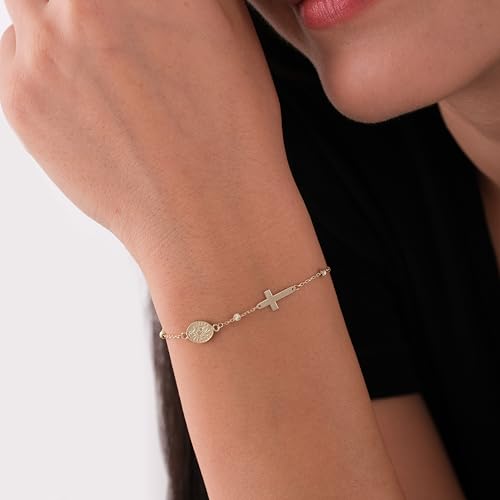 Image of MIONZA Catholic Medal Cross Bracelet for Women | 14K Gold Plated or Solid Gold, Religious Rosary Jewelry, Choose Your Saint Medal Bracelet