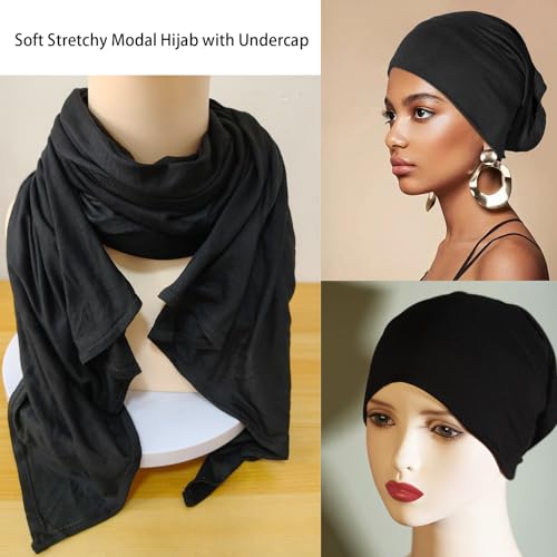Premium Hijab Scarf for Women with Undercap for Muslim Soft Modal Hijabs Stretchy Hair Scarves Head Wraps Black4