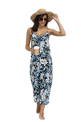 Image of BUENOS NINOS Women's V Neck Floral Maxi Dress Boho Printed Adjustable Spaghetti Strap Ethnic Beach Long Dress with Pockets