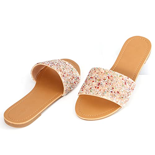 Image of REDTOP Women's Slip on Sandals Slide Glitter Bling Casual Sandal Flat Open Toe Sparkle Slides