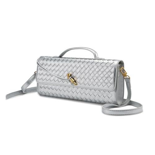 Image of Woven Clutch Purses for Women, PU Leather Shoulder Crossbody Evening Bag Satchel Handbag for Formal, Wedding, Party (Silver)
